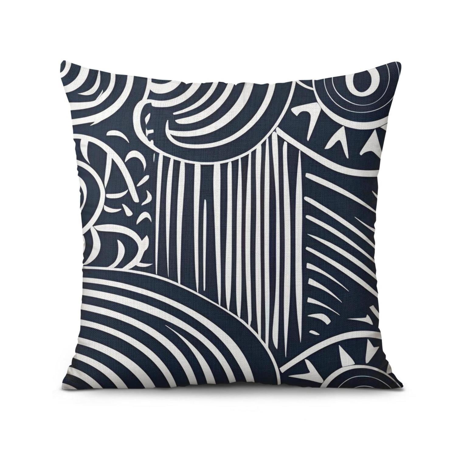 Blue Bohemian Geometric Lines Throw Pillow Covers 18"x18", Set Of 4, Linen Study Sofa Cushion Cover Indoor Living Room Home Decor
