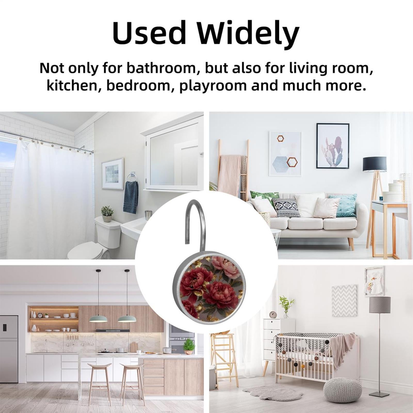 Imobaby 12 Pcs Metal Shower Curtain Hooks Rust Proof for Shower Curtain Liner - Golden Leaf Deep Pink Flower