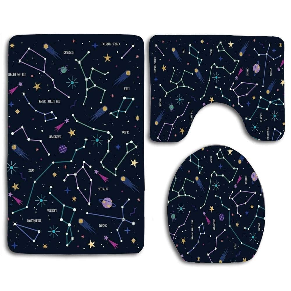 CHAPLLE Cute Galaxy Space Stars 3 Piece Bathroom Rugs Set Bath Rug Contour Mat and Toilet Lid Cover