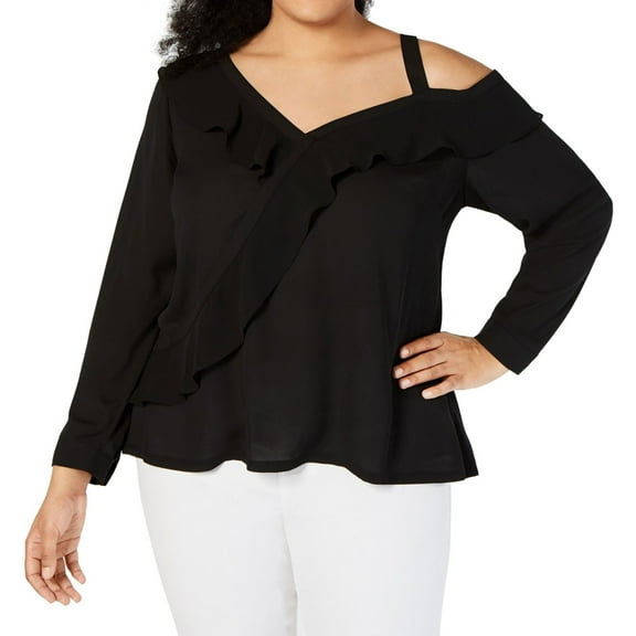 I.N.C Womens Ruffle One Shoulder Blouse, Black, Plus Size, 2X