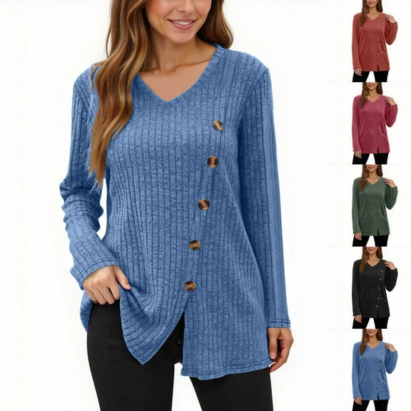 Loopsun Womens Fall Tops, Long Sleeve T Shirts for Women, Women Fashion Casual Loose Long Sleeve Shirts Sweaters Tunic Tops Blue, L