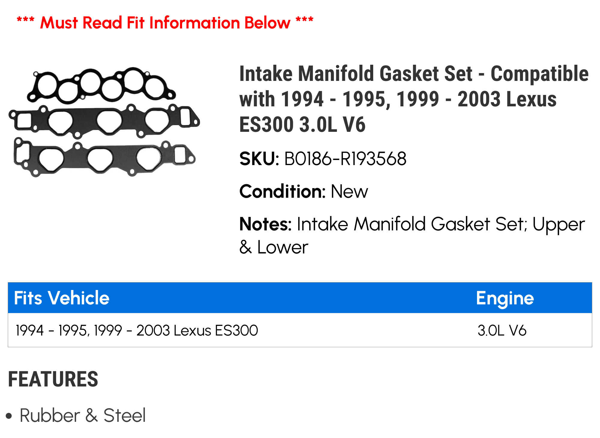 Intake Manifold Gasket Set - Compatible with 1994 - 1995, 1999 - 2003 ES300 3.0L V6 2000 2001 2002