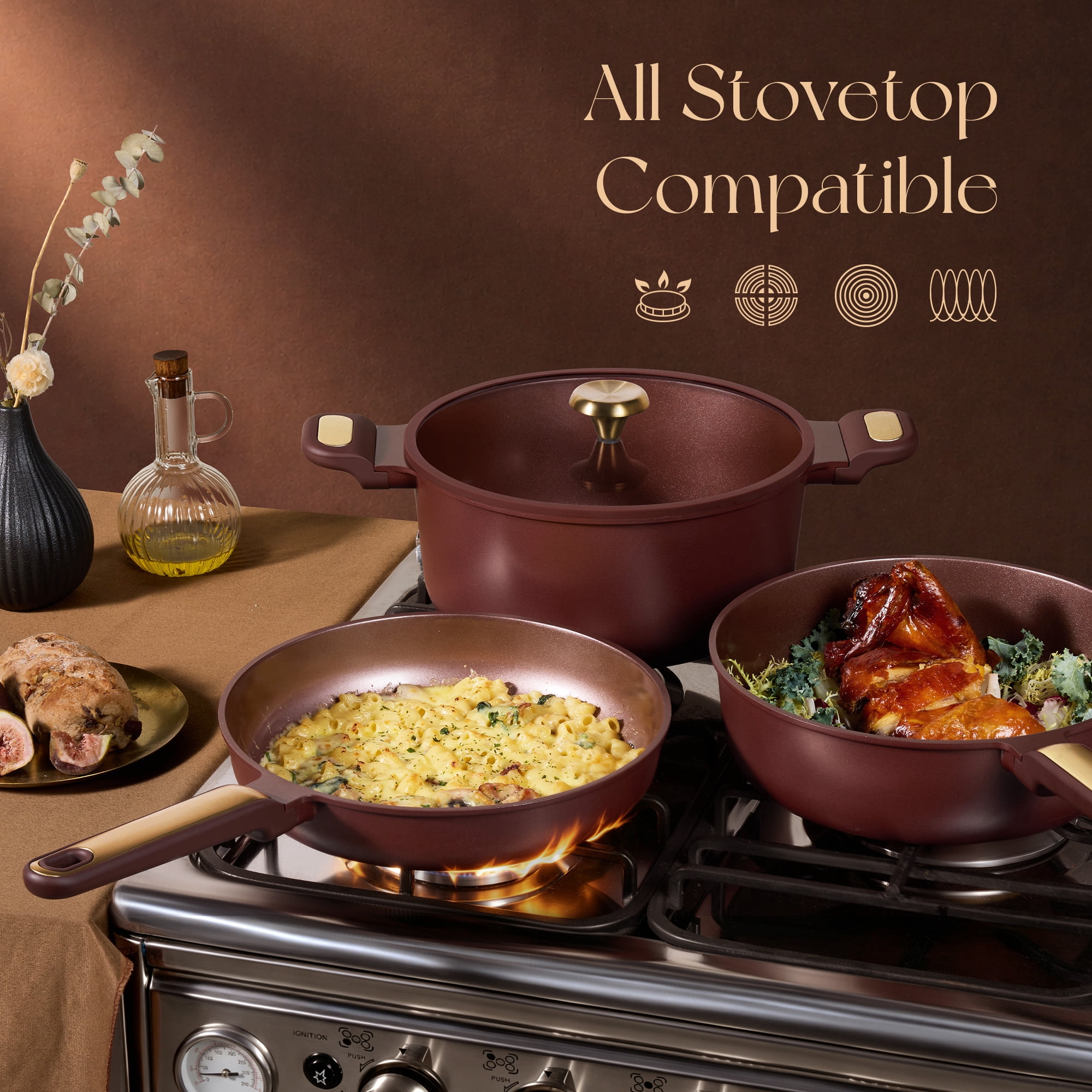 Carote Non-Toxic Ceramic Nonstick Pots and Pans Set, 21-Piece Cookware Set with Lids, All Stoves Compatible, Dishwasher Safe, Burgundy Red