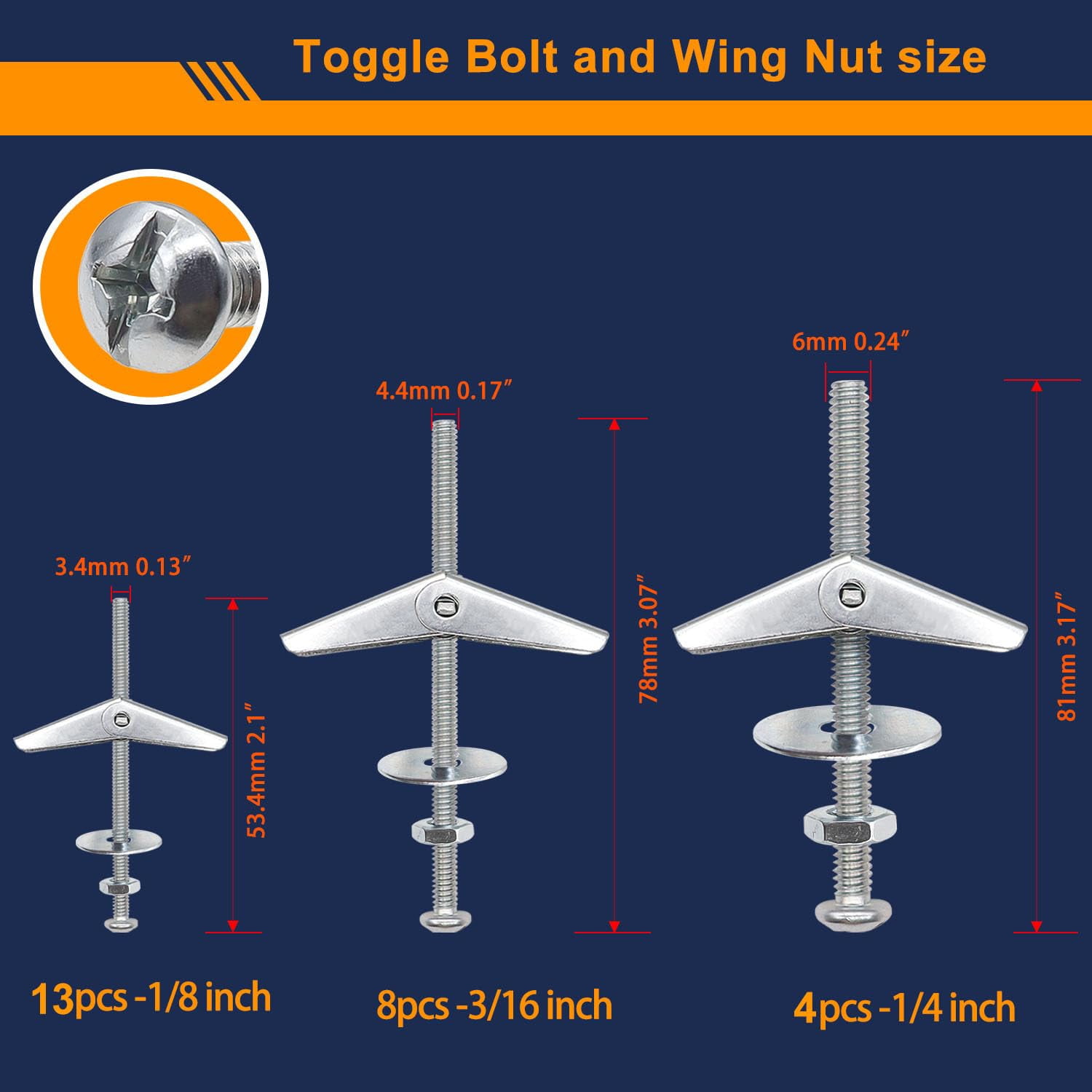 100Pcs Toggle Bolts 1/8" 3/16" 1/4" Heavy Duty Drywall Anchors and Screws Assortment Set Toggle Bolts and Wing Nut Kit with Nuts washers (25sets) K-136