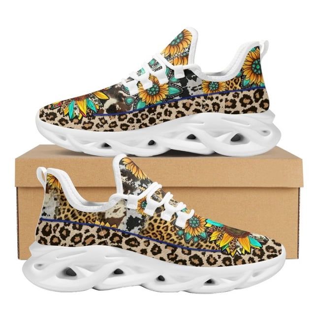 Zapatillas de deporte con plataforma y amortiguación de aire transpirables para mujer, diseño de leopardo y girasol, de malla, con cordones Peace and Love