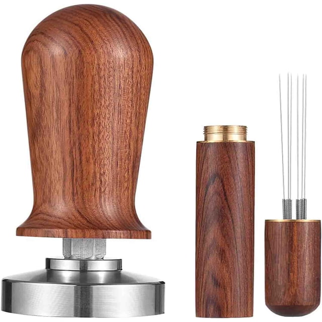 Dispensador de Cafe 51mm Espresso Tamper Stirrer Set Tamper calibrado de café con Base Plana de Acero Inoxidable 304 con Resorte Prensa de Mango de Madera Barista para máquina de Espresso