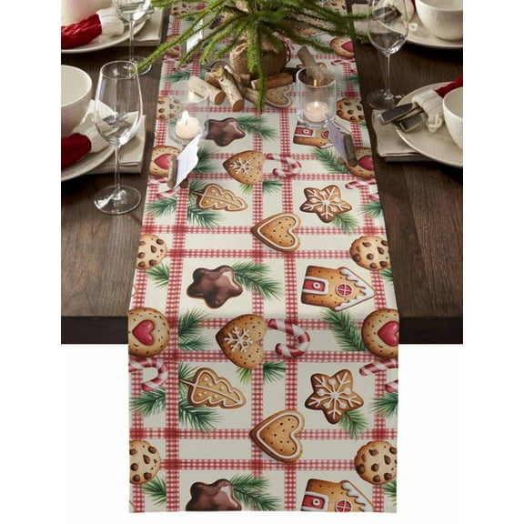 Christmas Table Runner Gingerbread Man Cookies Table Runners Pine Needles Plaid Stripes Cotton Linen Dresser Scarf Kitchen Dining Table Decor for Christmas Holiday Party Decor 13x72 Inch
