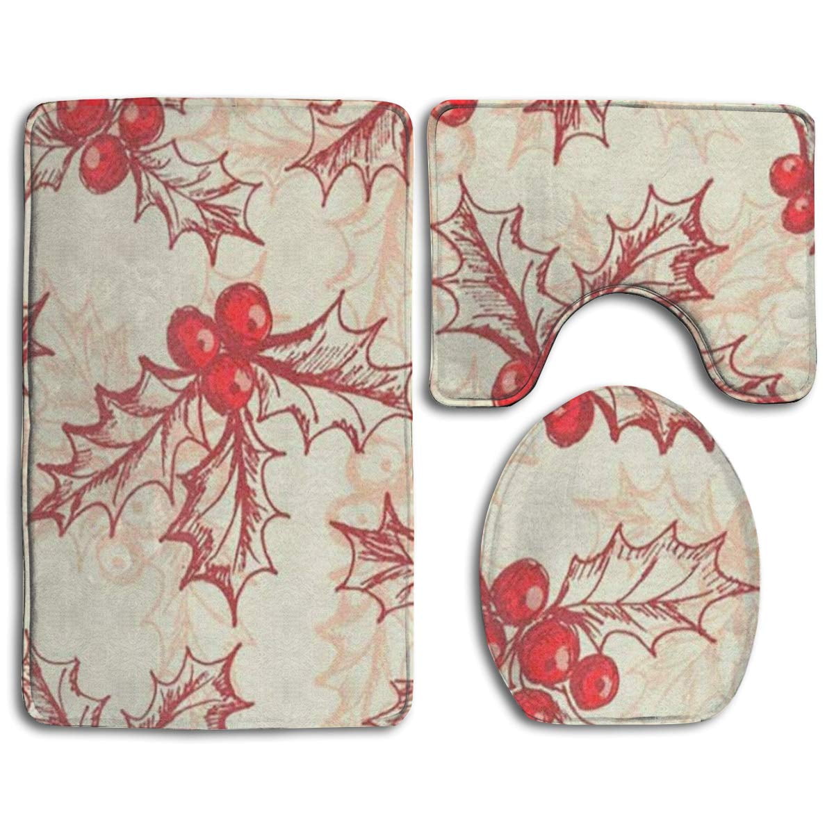 PUDMAD Holly Berry Winter Christmas 3 Piece Bathroom Rugs Set Bath Rug
