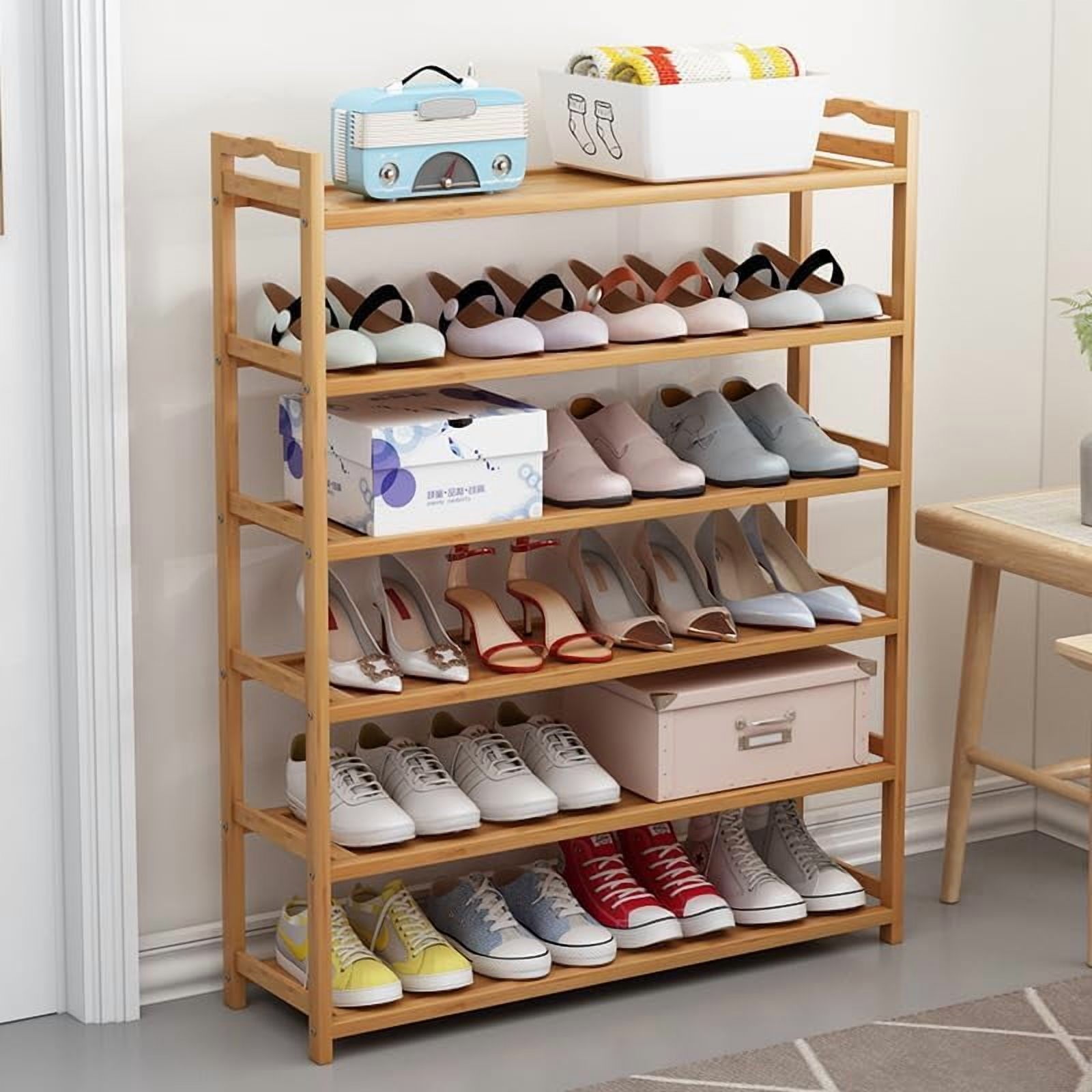 Bamboo Shoe Rack for Closet, 6 Tier Wooden Stackable Shoe Organizer, Free Standing Shoes Storage Shelf for Entryway, Front Door Entrance, Natural