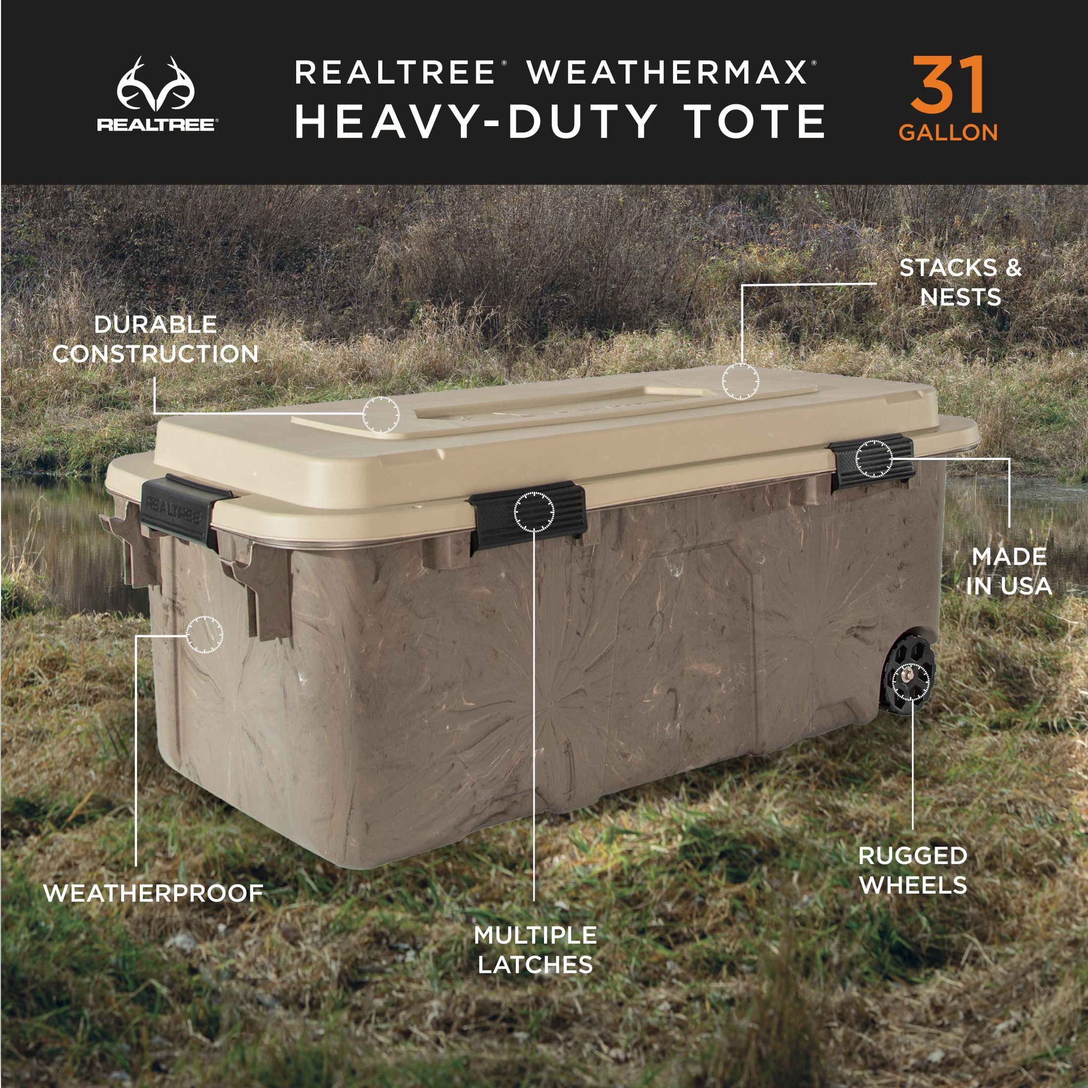 Realtree® WEATHERMAX™ 31 Gallon Marbled and Tan Wheeled Storage Tote with Latching Lid, Heavy Duty Plastic Storage Bin