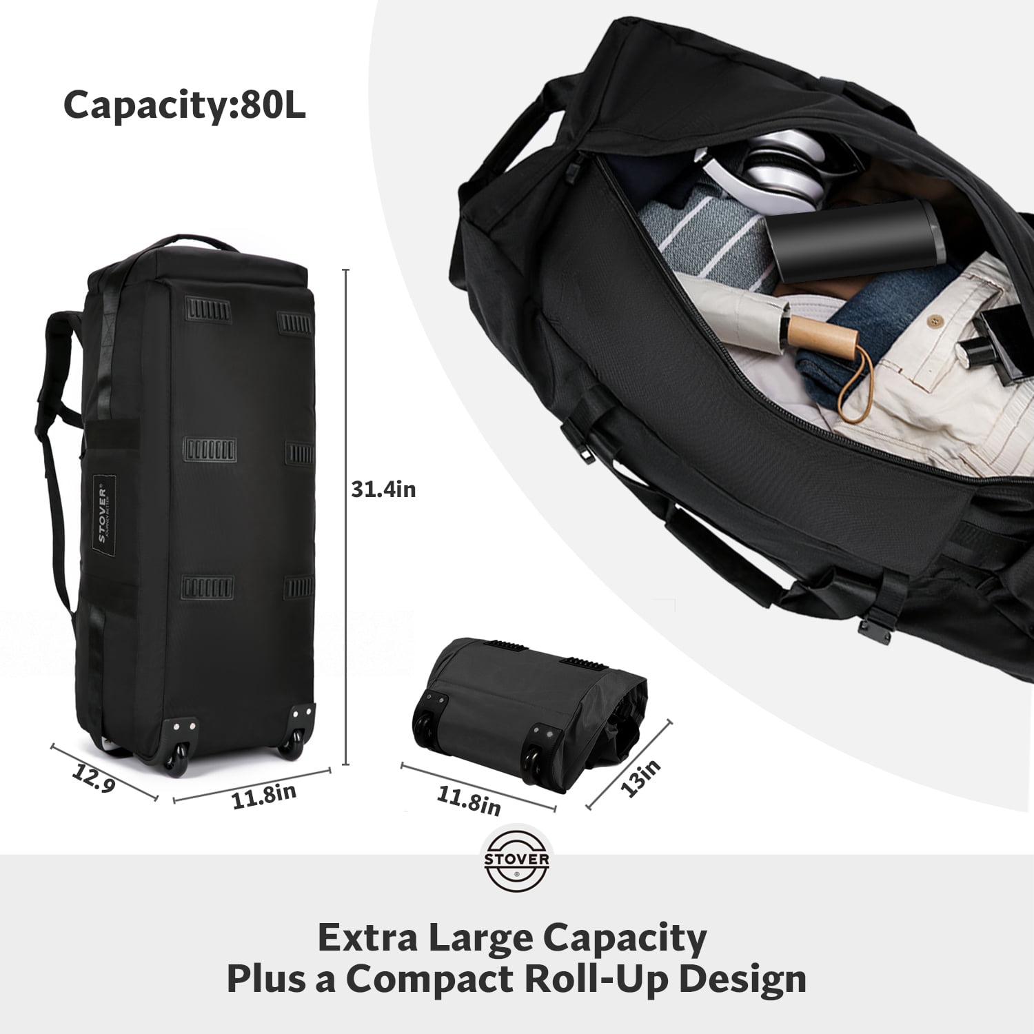 STOVER 80L Rolling Duffel Bag w/ Wheels, X-Large Durable Backpack + Toiletry Bag (Black)