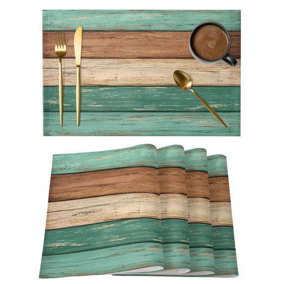 Farmhouse Teal Brown Placemats Set of 4, Vintage Wooden Striped Placemats for Dining Table, Place Mats for Kitchen Tabletop, Waterproof Wipeable Dining Table Mats Set
