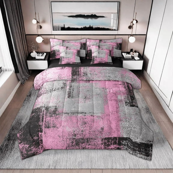 Pink And Grey Comforter Set King 7 Piece Bed In A Bag Pink Gray Black Watercolor Ombre Bedding Set With Sheets Grunge Abstract Bedding Comforter Sets Hippie Oil Painting Bed Set