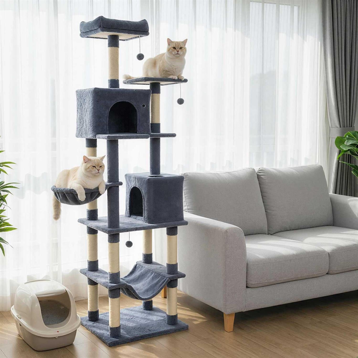 Pefilos 80" Tall Cat Tree, 2 Large Condos & Dangling Toys, Padded Top Perch & Sisal Posts, Dark Gray