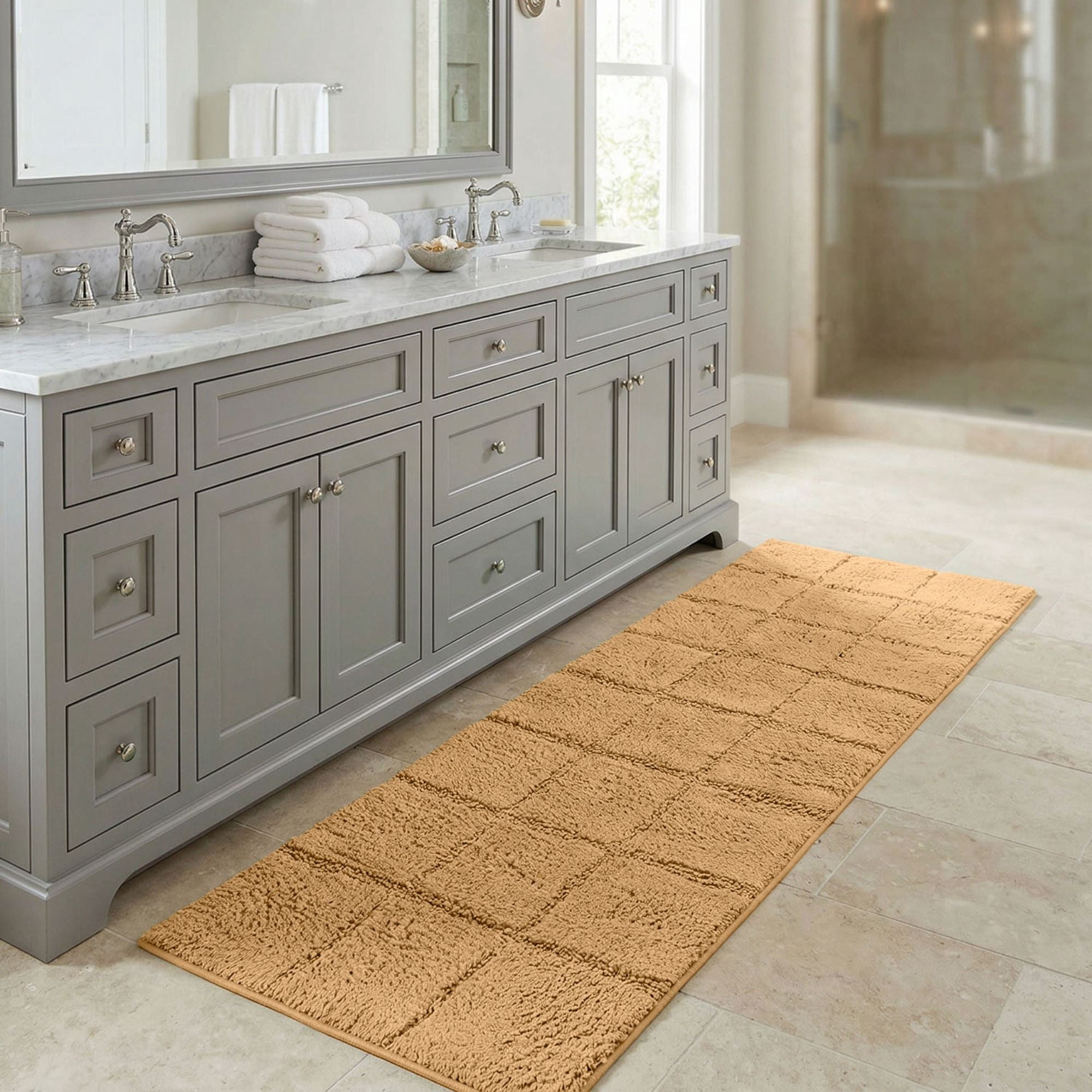Superior Checkered Cotton Washable Non-Slip Bath Rug, Runner Size, Toast