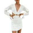 thumbnail image 3 of Arvbitana Female Knitted Dress Long Sleeve V-Neck Solid Color / Striped Hollow-out Backless Dresses Summer Crochet Swimsuit Cover Up Beachwear, 3 of 9