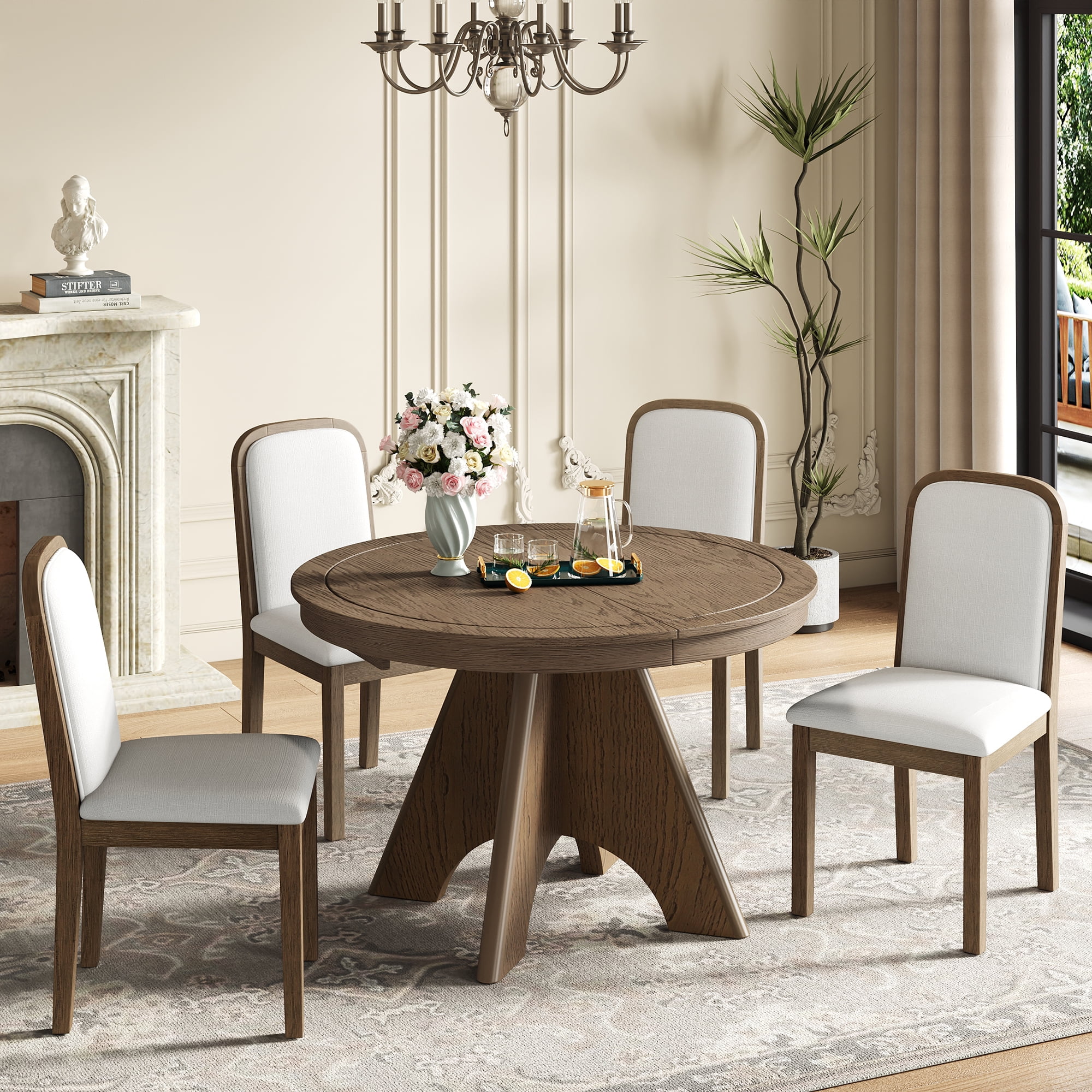 Euroco Round Dining Table Set for 4-6, 42in-58in Extendable Kitchen Table Set with 4 Upholstered Chairs and Crossed Legs, 5 Piece Wood Oval Dining Set for Small Space,Espresso