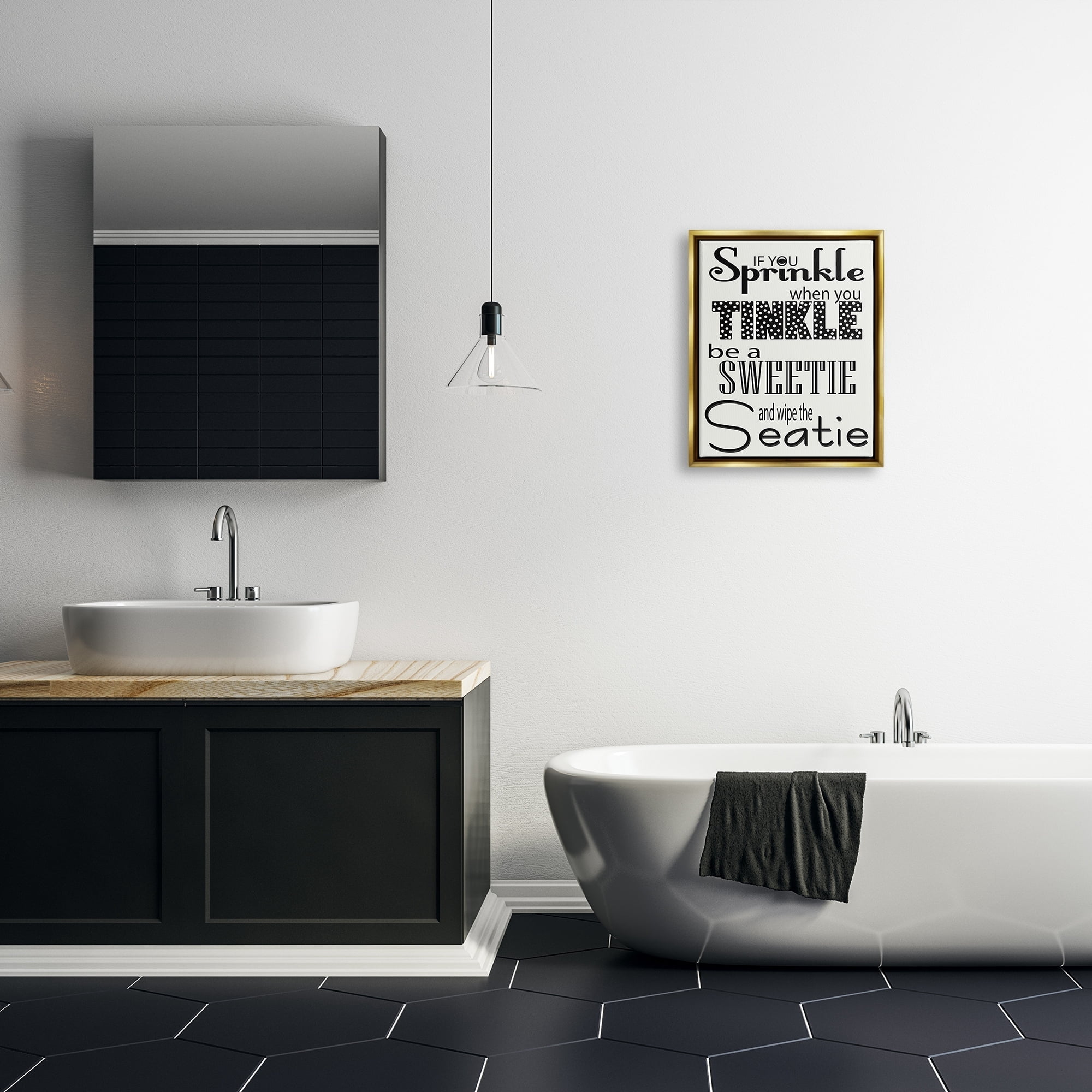 Stupell Industries If You Sprinkle When You Tinkle B&W Bath Art Metallic Gold Framed Floating Canvas Wall Art, 16x20, by Regina Nouvel