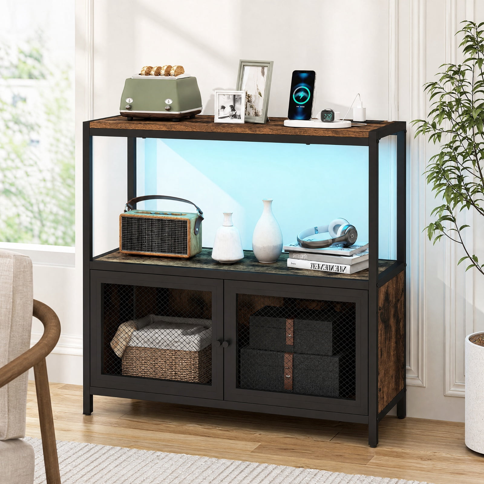 Furnibear Coffee Bar Cabinet with LED Lights and Built in Charging Station 3 Tier Open Shelf Storage for Home Kitchen Coffee Station, Rustic Brown