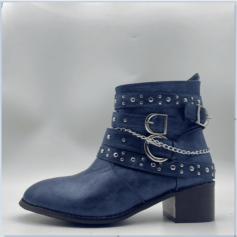 Women s Biker Ankle Boots Mid Calf Motorcycle Fashion Festival Boots Combat Riding Military Boots for Women Dark Blue 5.5