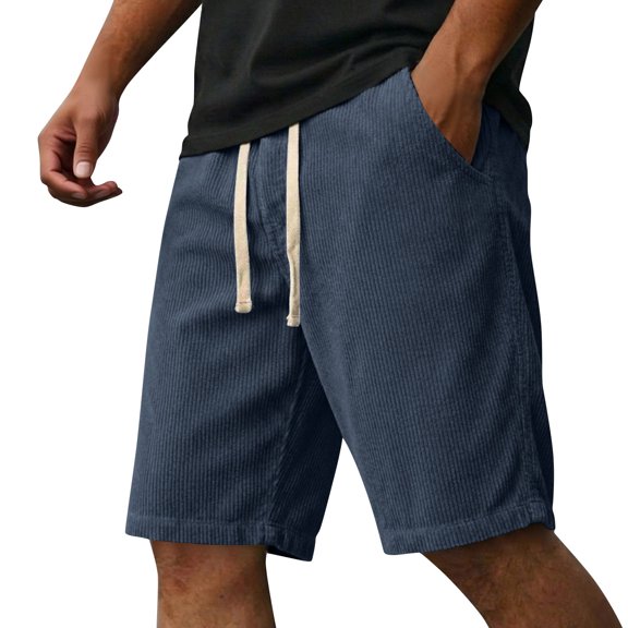 Men's Corduroy Shorts Loose Fit Ribbed Texture Casual Summer Beach Shorts Elastic Waist Drawstring Pockets Streetwear Lounge Shorts Navy L