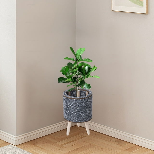 Qaailabf Triangular Navy Blue Plastic Imitation Rattan Flowerpot, Indoor Desktop Plant Container with Woven Appearance, Lightweight Decorative Storage Pot for Office & Home, Easy to Clean Planter