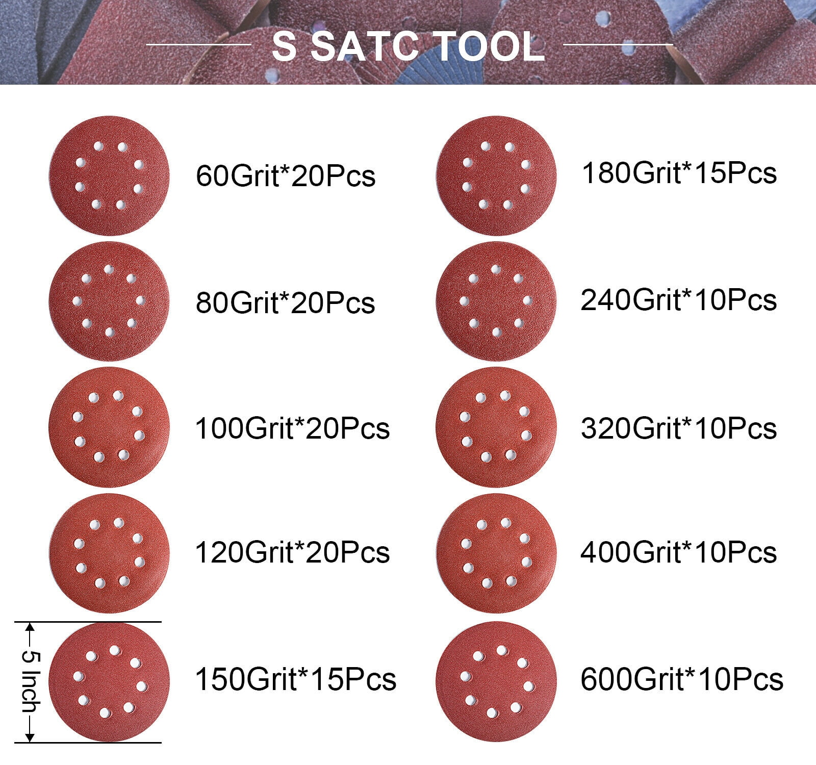 SATC 150PCS 5 inch 8-Hole Sanding Discs 60 80 100 120 150 180 240 320 400 600 Grit Assorted, A/O Hook and Loop Random Orbital Sander Paper Sandpaper Pads