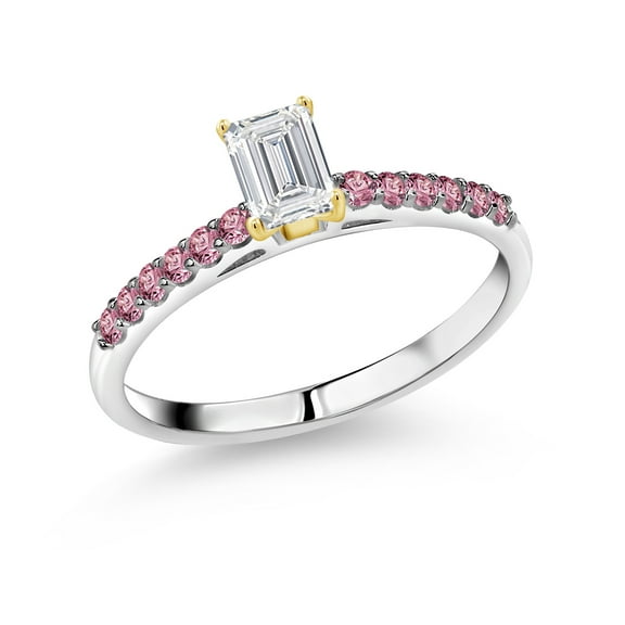 Gem Stone King 925 Silver and 10K Yellow Gold White and Pink Lab Grown Diamond Engagement Ring for Women | 0.83 Cttw | Emerald Cut 6X4MM | Gemstone April Birthstone | Size 6