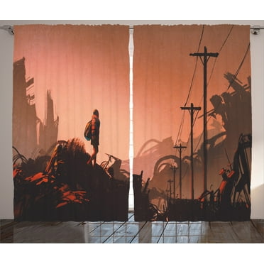 Ambesonne Cartoon Curtains 2 Panel Set, City Scene Abandoned, 108" x 90", Pink Red