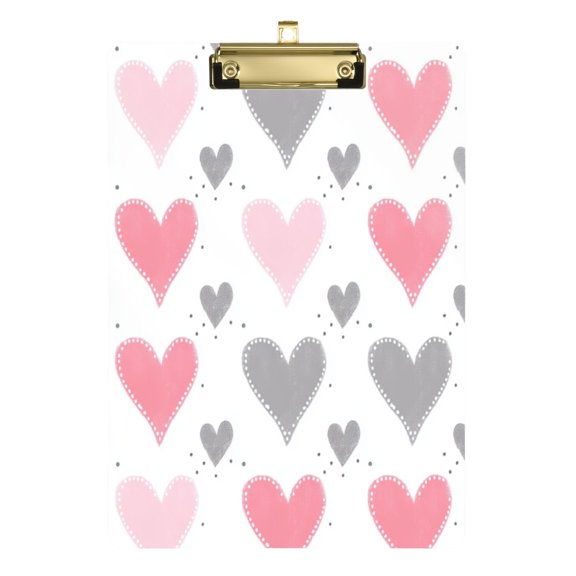 12.5x9 Inch Acrylic Clipboard with Metal Clip – Single-Sided Print & Retractable Hook，Pink and Gray Hearts