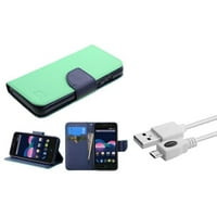 Insten Folio Leather Wallet Cover Case with Stand & Card Slot For ZTE Obsidian - Teal/Blue (+ USB Data Charging Cable)