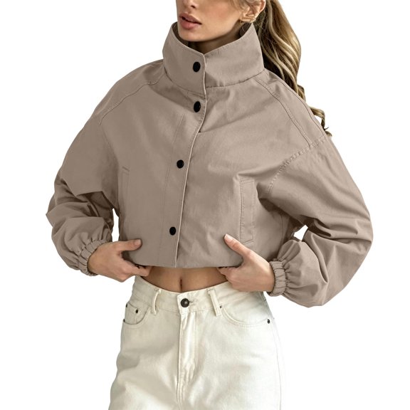 Vynhevius Women's Jacket Solid Stand Collar Long Sleeve Cropped Zip Up With Pockets
