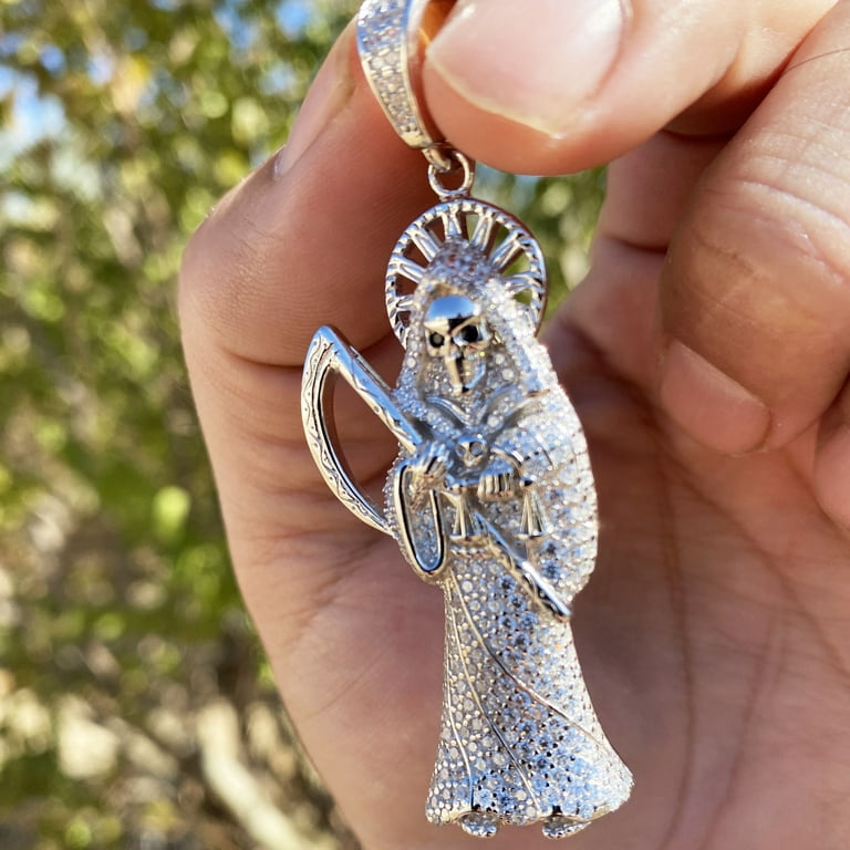 Real Solid 925 Sterling Silver La Santa Muerte Holy Death Grim Reaper Iced Micro Pave Bling Pendant