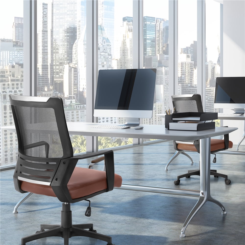Renwick Midback Ergonomic Office Chair with Faux Leather Seat, Set of 2, Brown