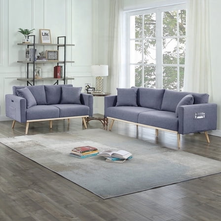 Modern Gray Linen Fabric Loveseat for Living Room with USB & Pockets (75"x30"x30"H)