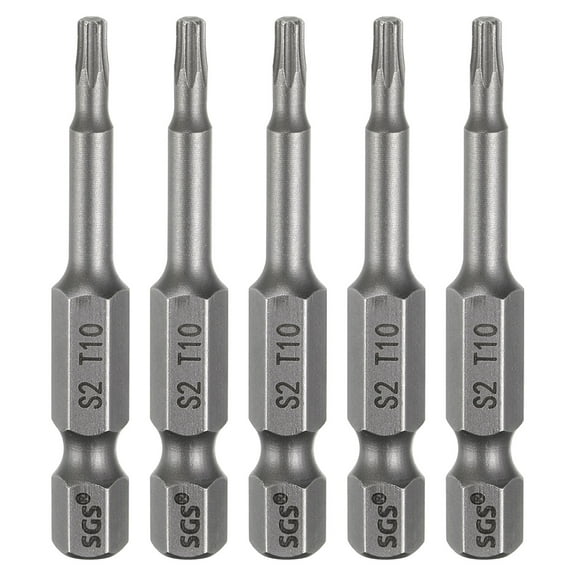 Uxcell 5pcs T10 Torx Head Screwdriver Bit 1/4" Hex Shank 2" (50mm) Long Magnetic No Hole Tip 6 Point Star Screw Driver
