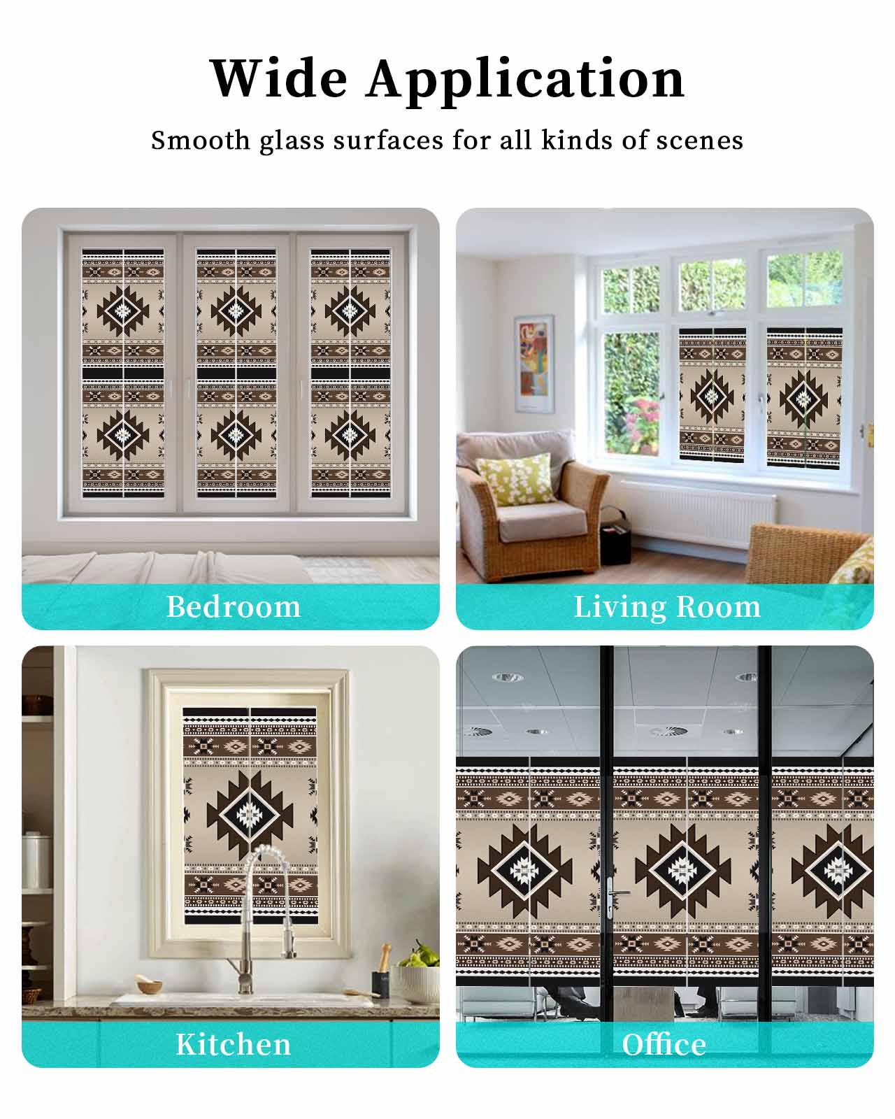 Window Privacy Film Brown Aztec Stained Glass Window Film Decorative Sun Block Window Cover Boho Southwest Ethnic Neutral Motifs Window Clings Static Adhesive Sticker for Bathroom 29.5"x118"