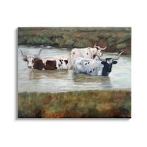 Stupell Longhorn Cattle Bathing Rural Pond Animals & Insects Painting Gallery Wrapped Canvas Print Wall Art