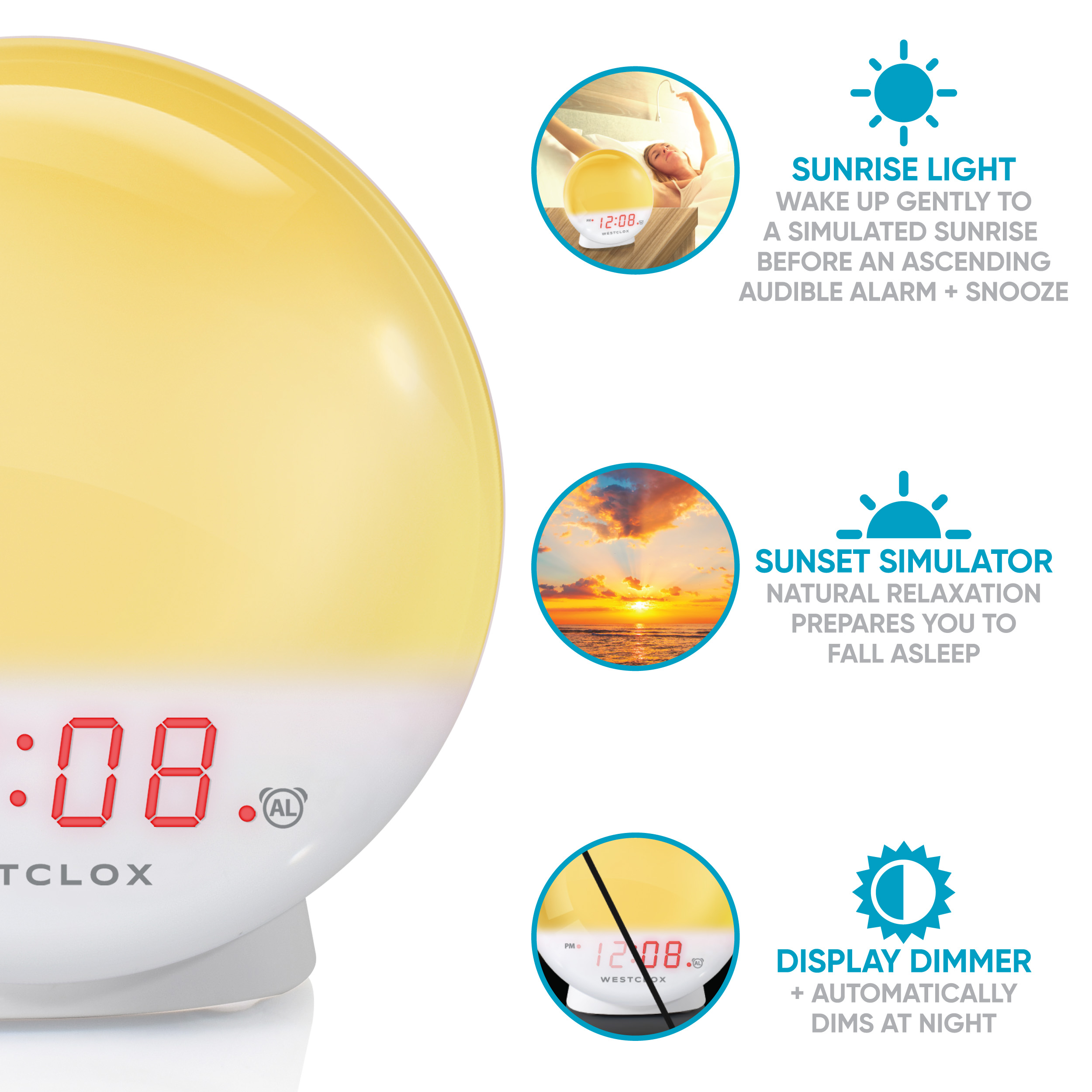 Westclox 5" White Electric Sunrise Simulator Alarm Clock with Digital LED Display and Dimmable Nightlight - image 3 of 10