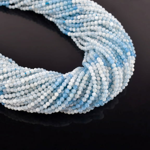 QNAVIC Natural Shaded Aquamarine Gemstone Micro Faceted Rounds Beads Strand Drilled Stone Chakra Healing Crystals DIY Jewelry Making Wholesale Bulk Loose Supply Strand 30 Centimeter (1 Strand)