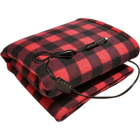 Sojoy 12V Heated Travel Electric Blanket for Car, Truck,Boats or RV with High/Low Temp control Checkered Black and Burgundy(60