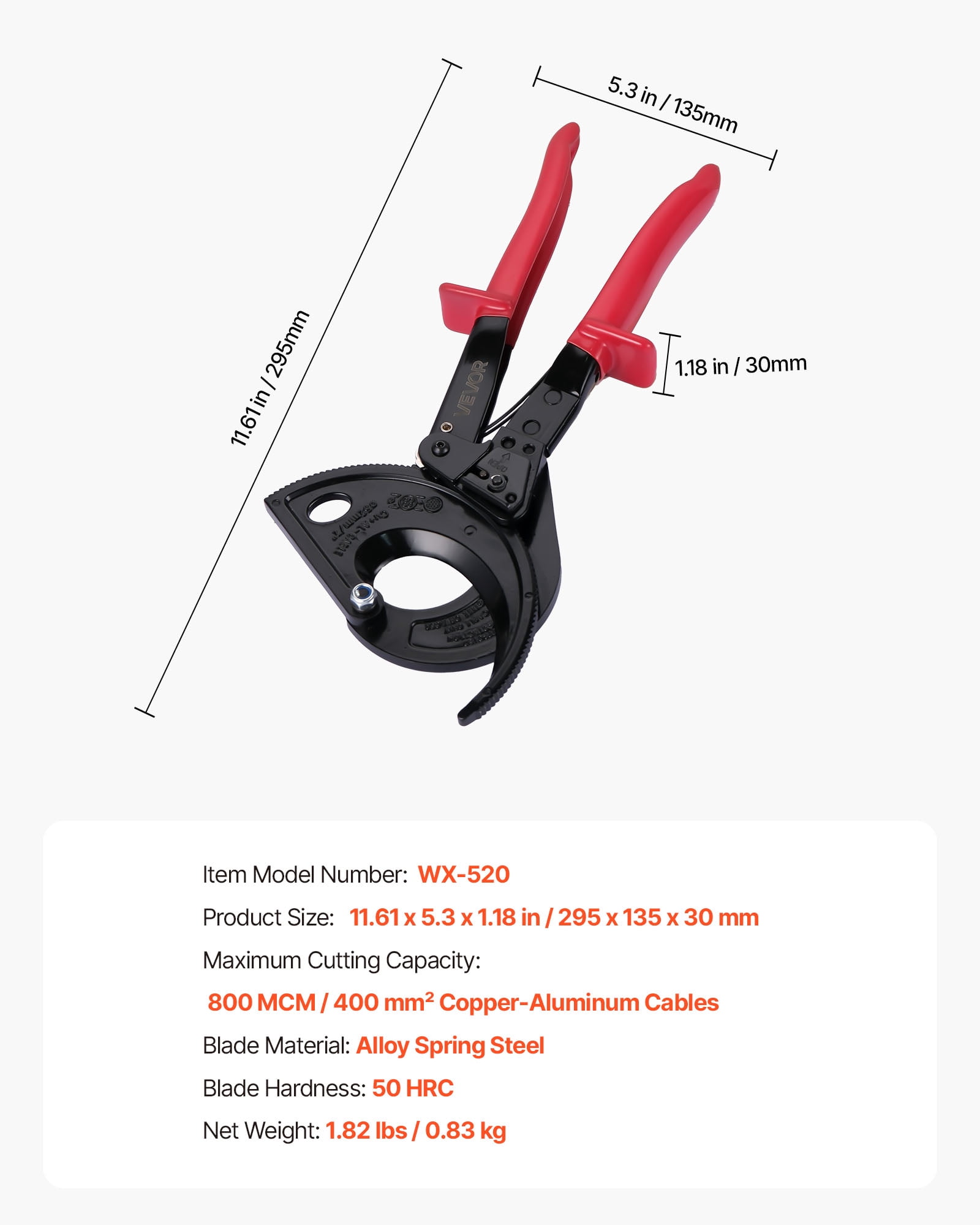 VEVOR Ratcheting Cable Cutter, Spring Steel Blades with Insulated Handles, Quick-Release Button, Heavy Duty Ratchet Cable Wire Cutter for Cutting Copper & Aluminum Cables Up to 800 MCM / 400 mm²