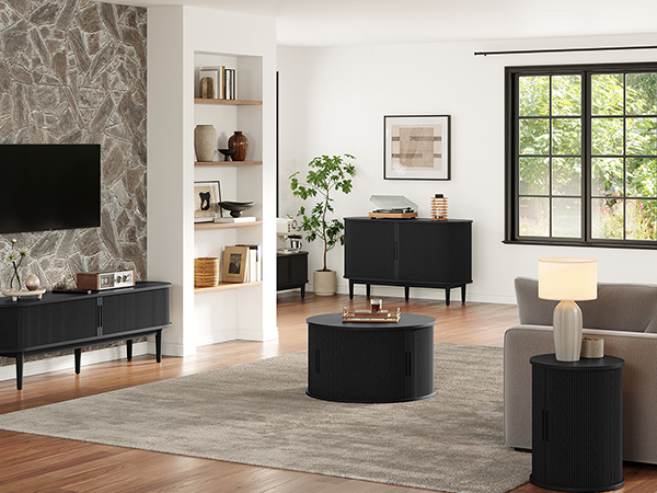 LINSY HOME Fluted Coffee Table Round with Large Storage, Mid-Century Coffee Table for Living Room with Sliding Tambour Door, Black