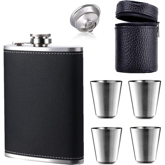 Stainless Steel Flask,Flask 8oz, (18/8) Stainless Steel Black Leak Proof Whiskey Flask for Men, With Funnel and Shot Glasses Set