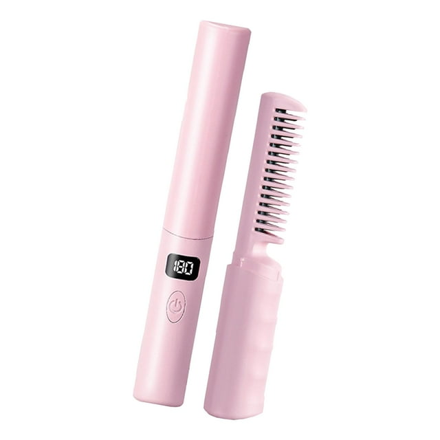 Alisador de pelo eléctrico, peine caliente, recargable, antiescaldaduras, Mini plancha alisadora, peine alisador de pelo calentado para viajes , rosa