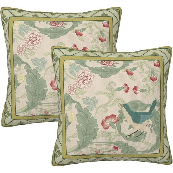 Ryan; Designer Square Throw Pillow Covers French Vintage Rustic Floral Birds Set of 2 Green Floral Pattern Throw Pillowcases Cushion Case for Soft Home Decor Bed Couch Car Living Room 18x18 Inch
