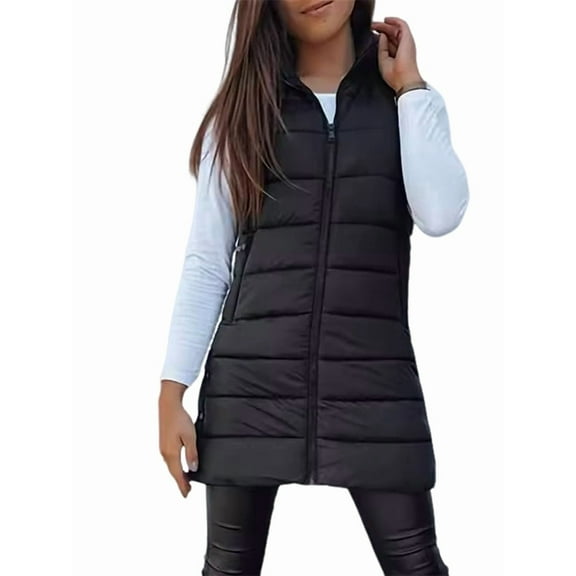 Women Long Vest Solid Color Sleeveless Hood Winter Puffer Vest Outwear Black XXXL
