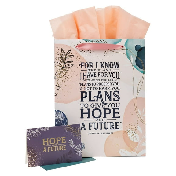 Christian Art Gifts Large Portrait Scripture Gift Bag, Greeting Card & Wrapping Tissue Paper Set for Women: Hope & a Future Inspirational Bible Verse, Multicolor Watercolor, Gold Foil, Pink/Teal/Cream