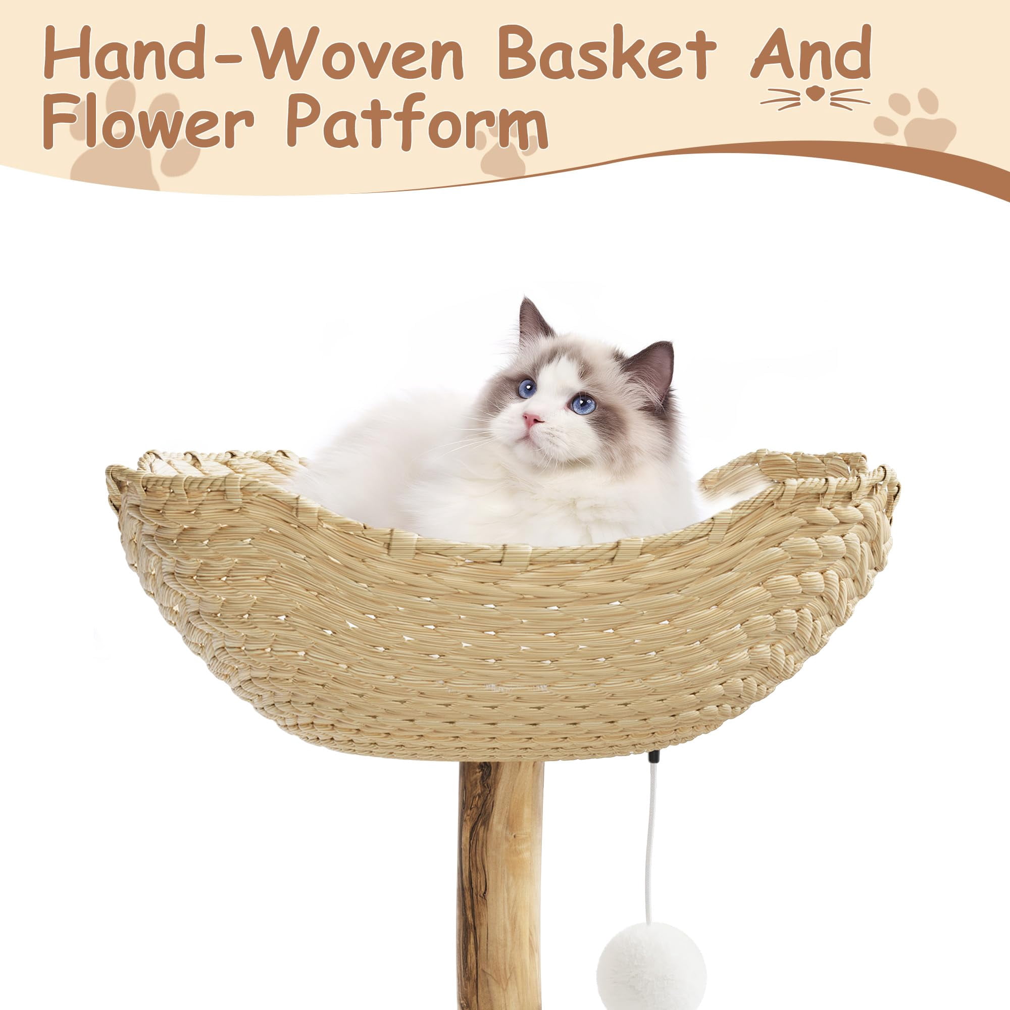 Yeshouse Boho Aesthetic Real Wood Cat Tree, Indoor Cat Tower with Scratching Post, Bed & Wicker Condo for Cats