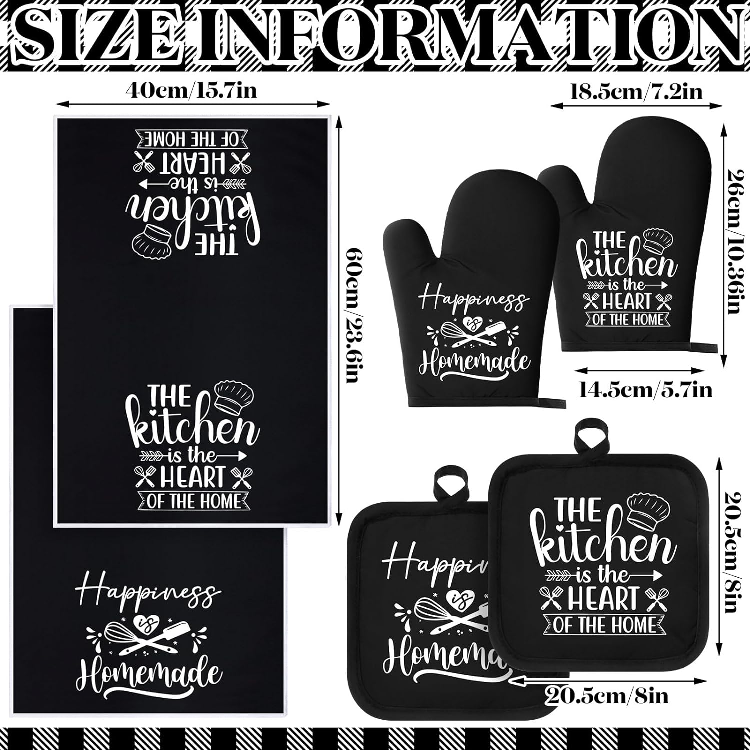6 Pcs Kitchen Decor Accessories Set Farmhouse Towels Pot Holders Oven Mitts Set 2 Dish Towels 2 Potholders 2 Cooking Mittens Oven Glove for Christmas Baking Cooking Supply(Black,Kitchen)